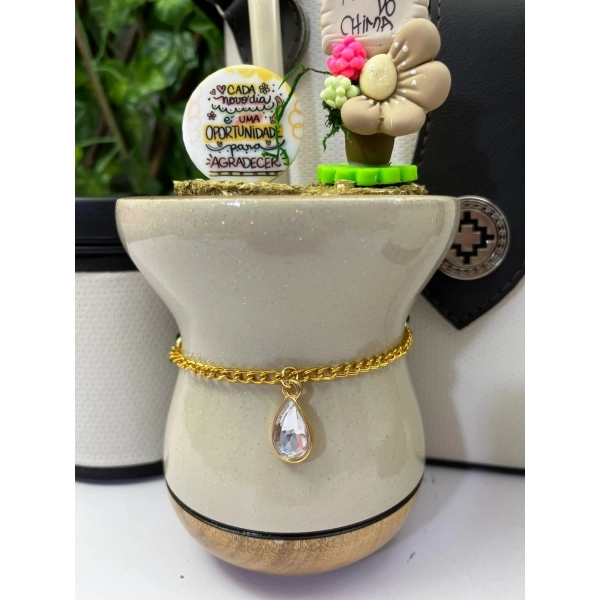 Kit mateira térmica 1l com cuia Imbuia decorada linha Luxo